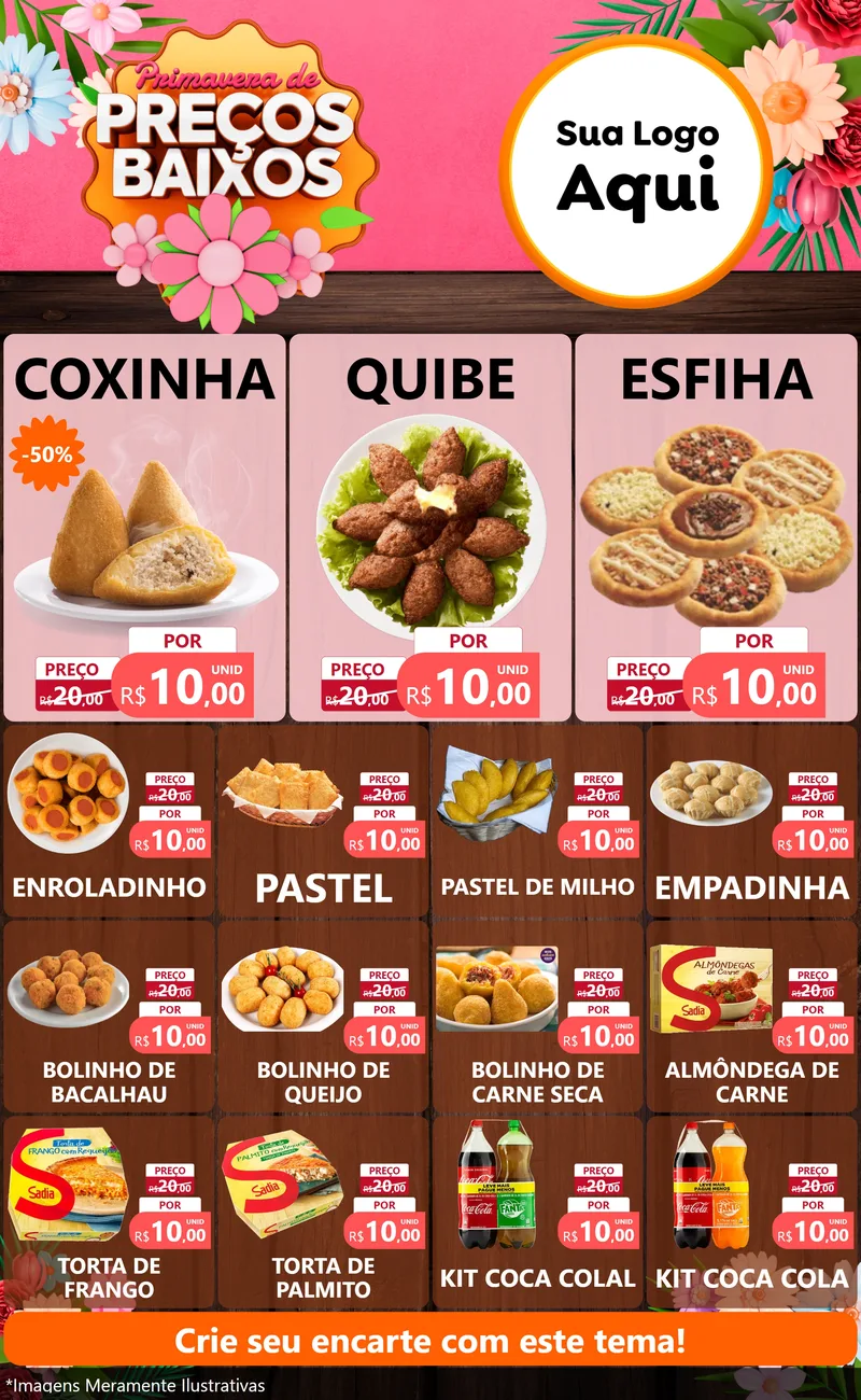 Modelo de Encarte para Encarte Grande com o tema Primavera de Preços Baixos para Salgadaria