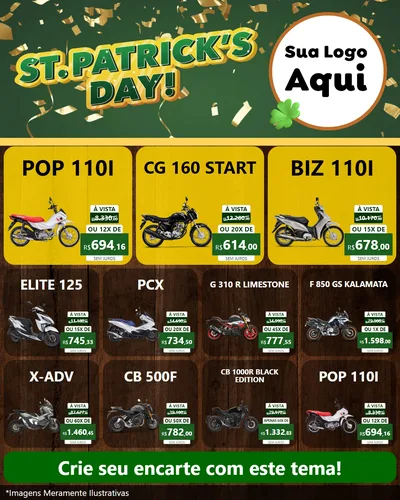 Modelo de Rede Social para Feed Instagram com o tema St Patriks Day para Concessionaria de Motos