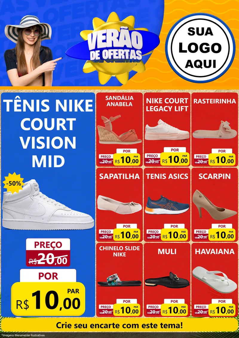 Modelo de Encarte para Encarte A4 Vertical com o tema Verão de Ofertas para Calçados