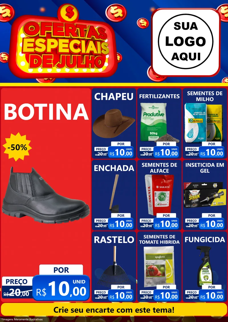 Modelo de Encarte para Encarte A4 Vertical com o tema Ofertas Especiais de Julho para Agropecuária