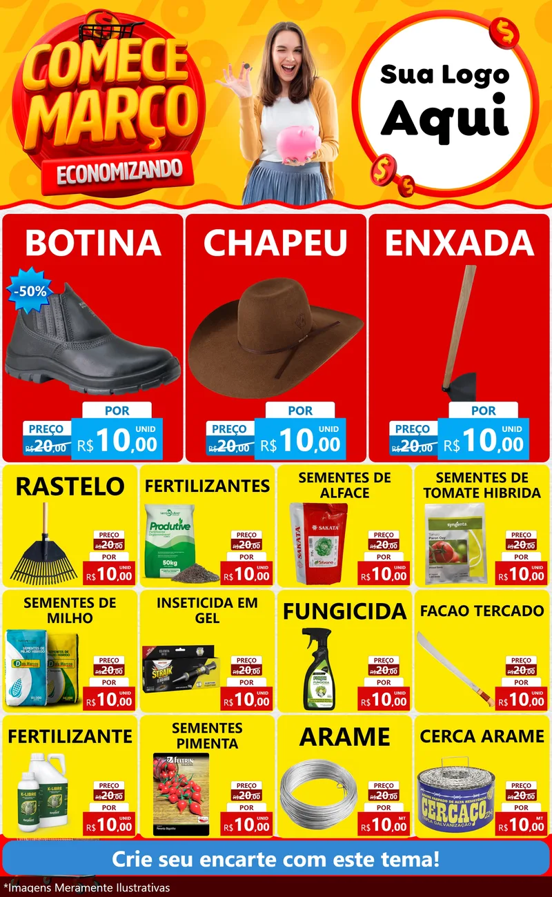 Modelo de Encarte para Encarte Grande com o tema Comece Março Economizando para Agropecuária