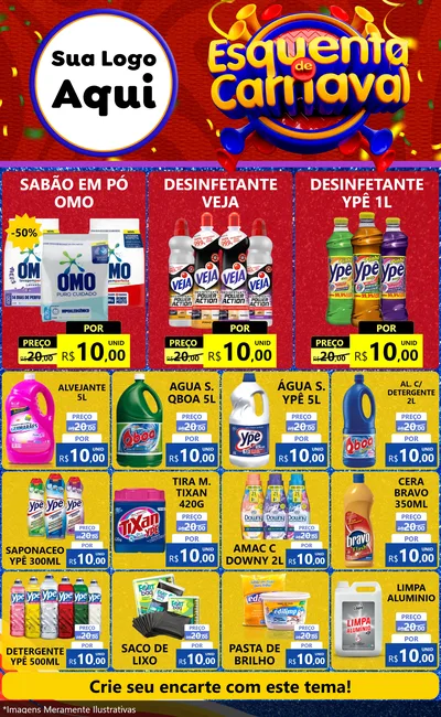 Modelo de Encarte para Encarte Grande com o tema Esquenta de Carnaval para Produtos de Limpeza