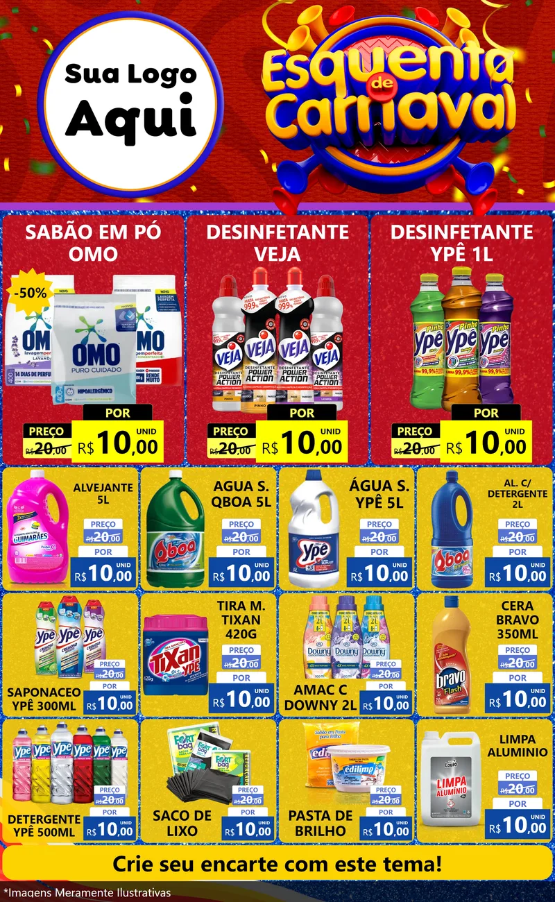 Modelo de Encarte para Encarte Grande com o tema Esquenta de Carnaval para Produtos de Limpeza