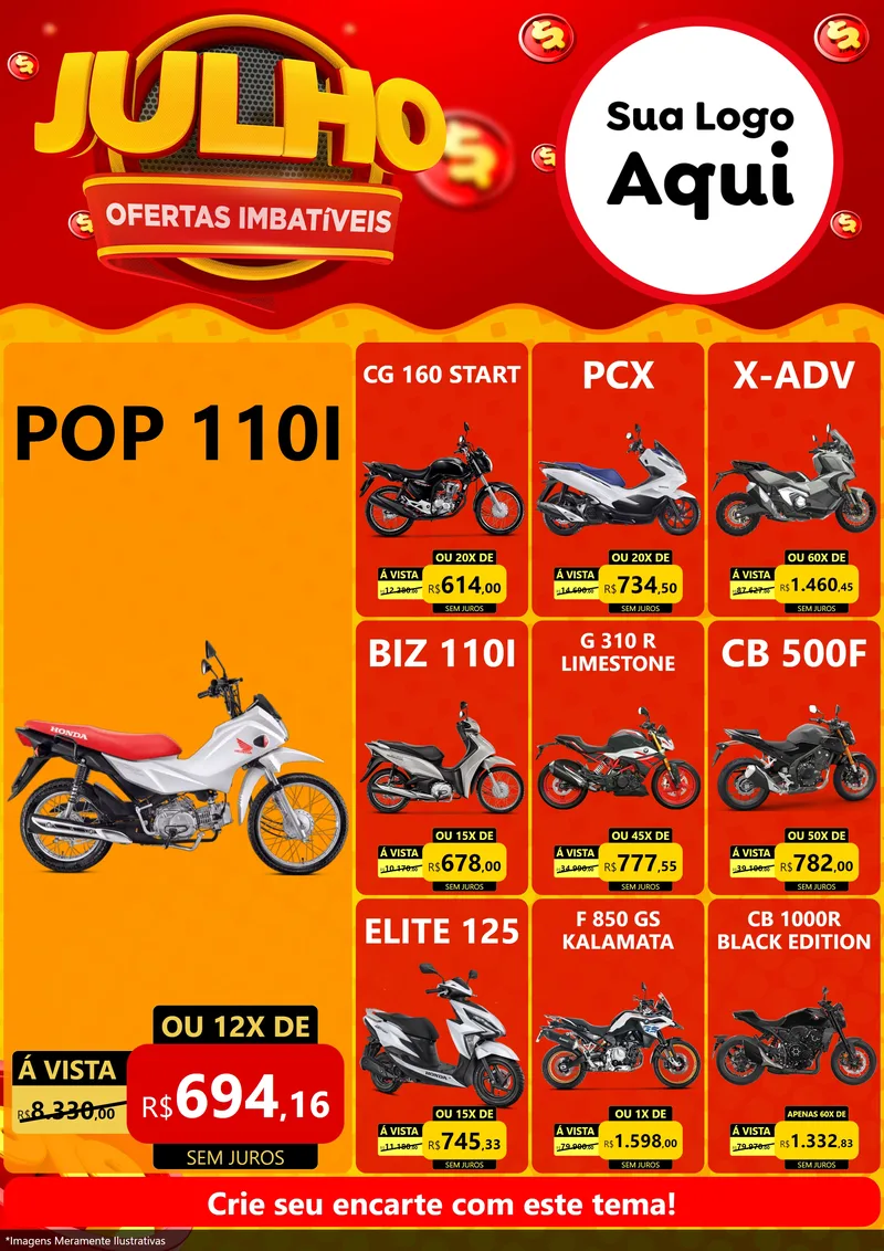 Modelo de Encarte para Encarte A4 Vertical com o tema Julho Ofertas Imbatíveis para Concessionaria de Motos
