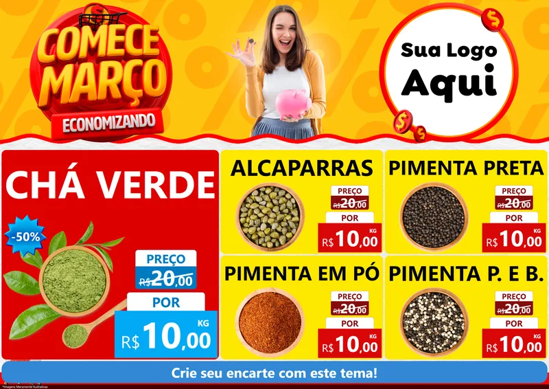Modelo de Encarte para Encarte A4 Horizontal com o tema Comece Março Economizando para Produtos Naturais