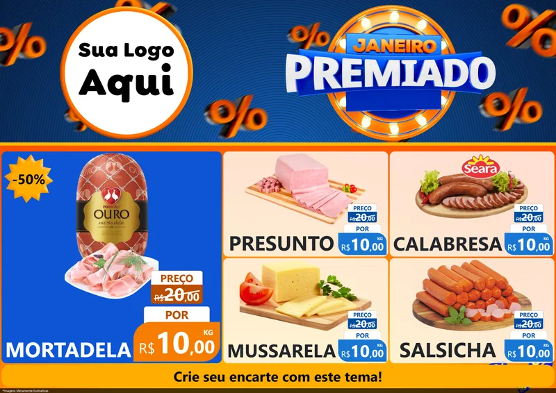 Modelo de Encarte para Encarte A4 Horizontal com o tema Janeiro Premiado para Frios e Laticínios