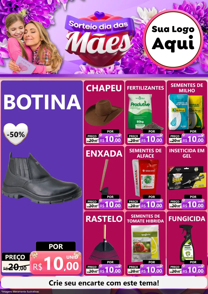 Modelo de Encarte para Encarte A4 Vertical com o tema Sorteio Dia das Mães para Agropecuária