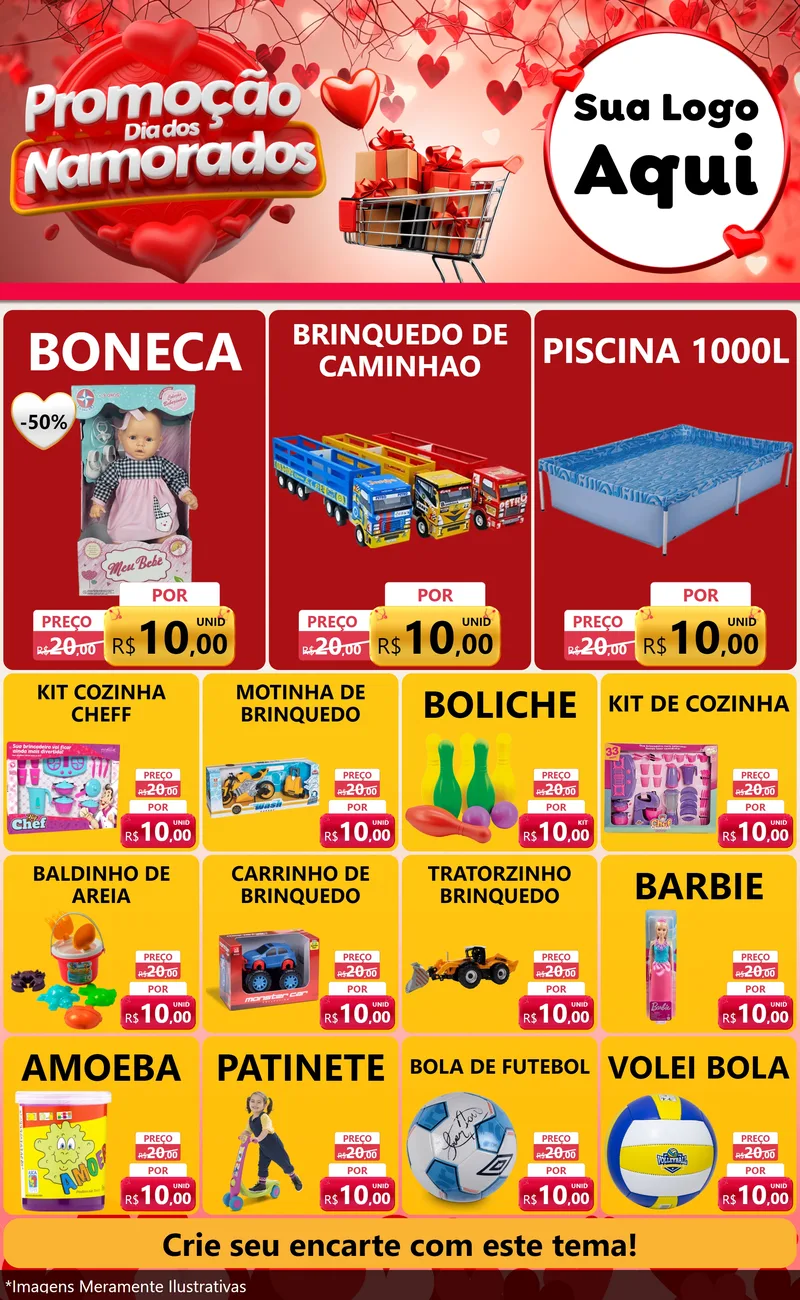 Modelo de Encarte para Encarte Grande com o tema Promoção Dia dos Namorados para Brinquedos