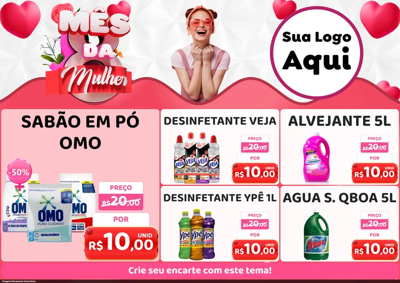 Modelo de Encarte para Encarte A4 Horizontal com o tema Mês da Mulher para Produtos de Limpeza