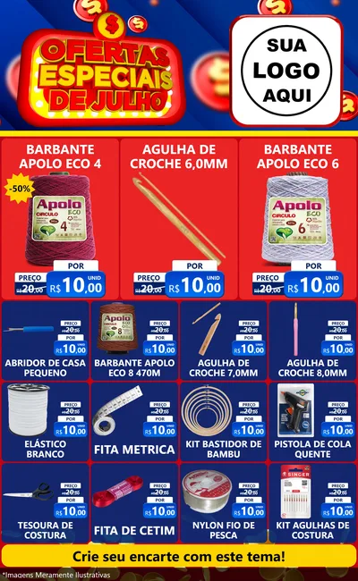 Modelo de Encarte para Encarte Grande com o tema Ofertas Especiais de Julho para Armarinho e Aviamentos