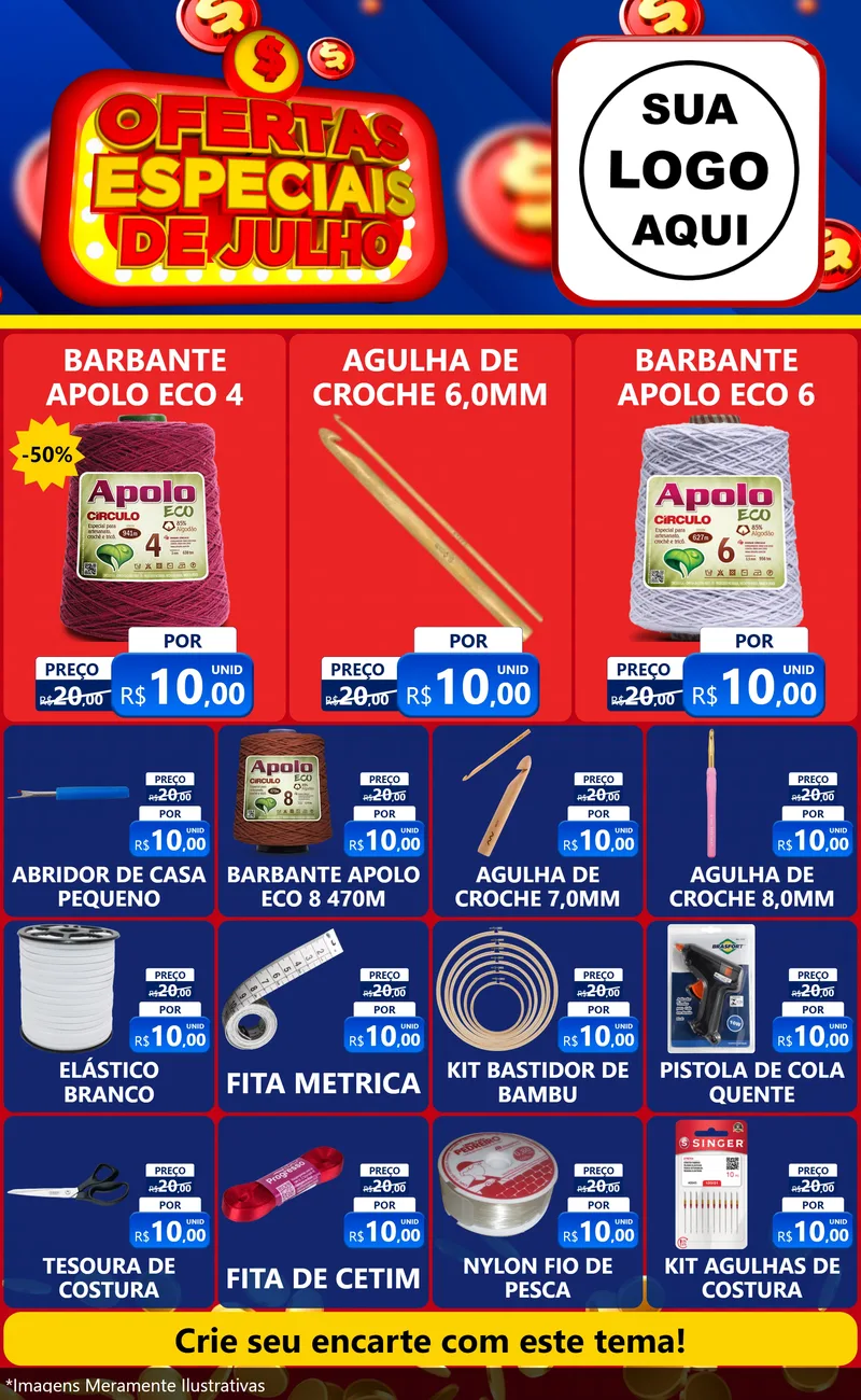 Modelo de Encarte para Encarte Grande com o tema Ofertas Especiais de Julho para Armarinho e Aviamentos