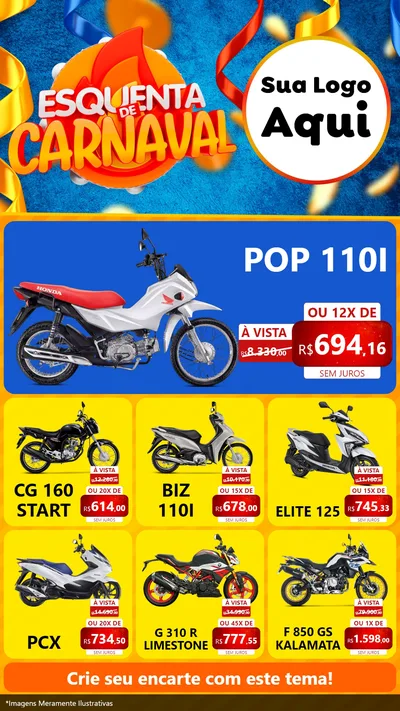 Modelo de Rede Social para Stories com o tema Esquenta de Carnaval para Concessionaria de Motos
