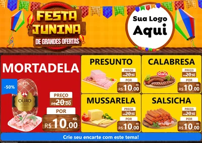 Modelo de Encarte para Encarte A4 Horizontal com o tema Festa Junina de Grandes Ofertas para Frios e Laticínios