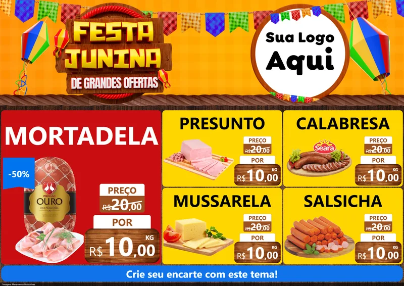 Modelo de Encarte para Encarte A4 Horizontal com o tema Festa Junina de Grandes Ofertas para Frios e Laticínios