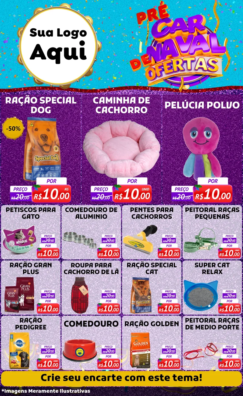 Modelo de Encarte para Encarte Grande com o tema Pré Carnaval de Ofertas para Pet Shop