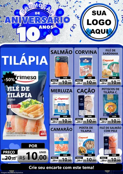 Modelo de Encarte para Encarte A4 Vertical com o tema Promoção de Aniversário - 10 Anos para Peixaria
