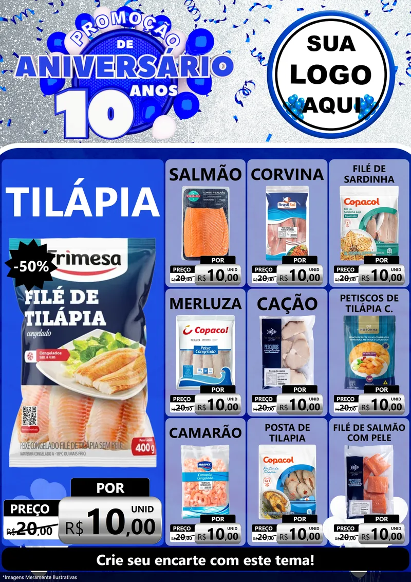 Modelo de Encarte para Encarte A4 Vertical com o tema Promoção de Aniversário - 10 Anos para Peixaria