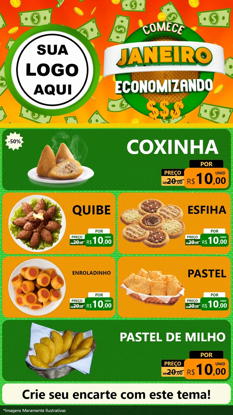 Modelo de TV para TV Vertical com o tema Comece Janeiro Economizando para Salgadaria
