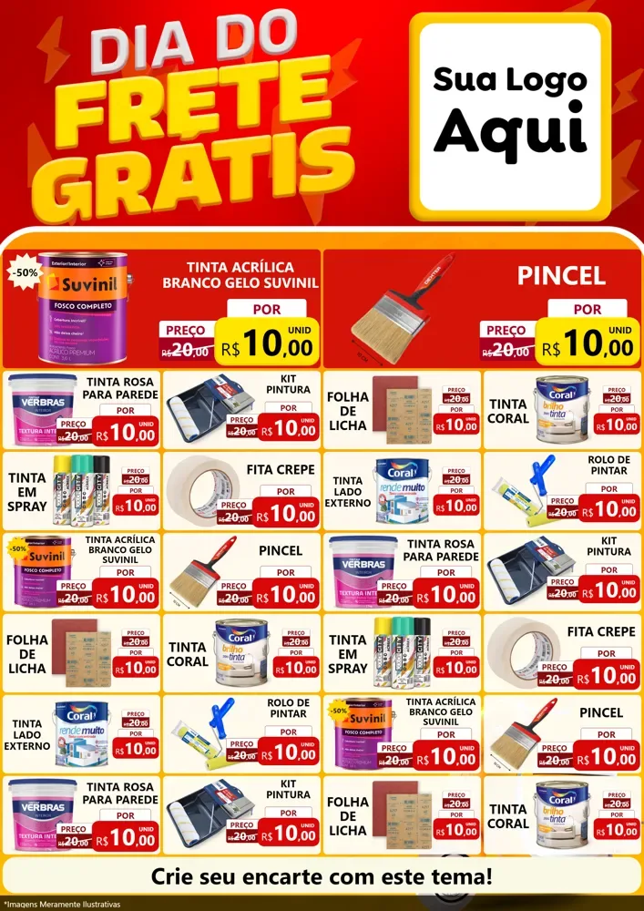 Modelo de Encarte para Encarte A4 Vertical com o tema Dia do Frete Grátis para Tintas e Ferramentas