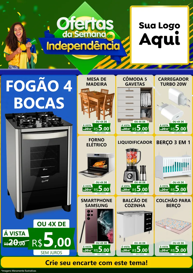 Modelo de Encarte para Encarte A4 Vertical com o tema Ofertas da Semana da Independência para Móveis e Eletro