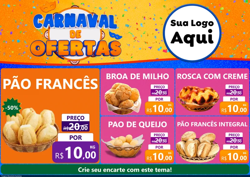Modelo de Encarte para Encarte A4 Horizontal com o tema Carnaval de Ofertas para Padaria