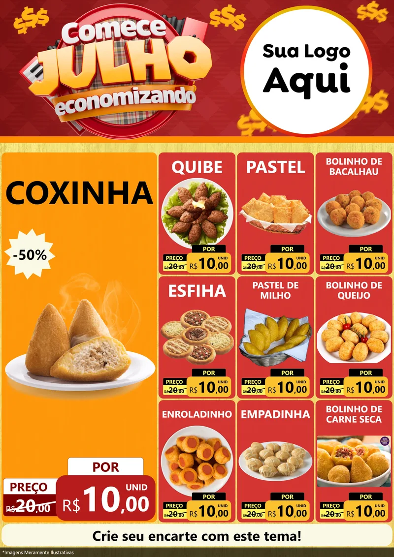 Modelo de Encarte para Encarte A4 Vertical com o tema Comece Julho Economizando para Salgadaria