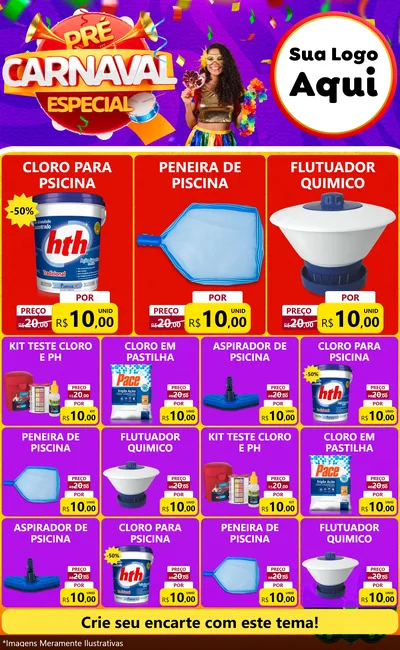 Modelo de Encarte para Encarte Grande com o tema Pré-Carnaval Especial para Produtos para Piscina