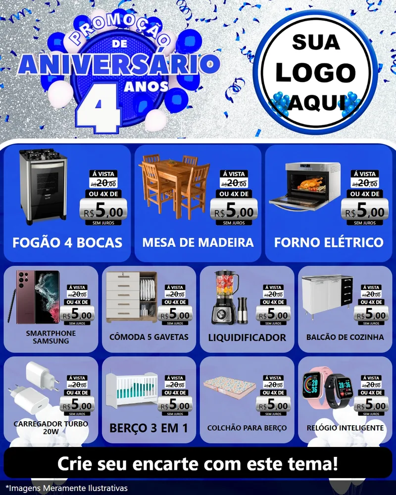 Modelo de Rede Social para Feed Instagram com o tema Promoção de Aniversário - 4 Anos para Móveis e Eletro