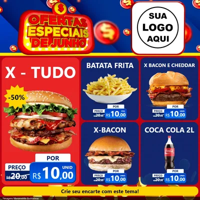 Modelo de Rede Social para Feed Facebook com o tema Ofertas Especiais de Junho para Hamburgueria