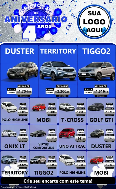 Modelo de Encarte para Encarte Grande com o tema Promoção de Aniversário - 4 Anos para Concessionaria de Carros