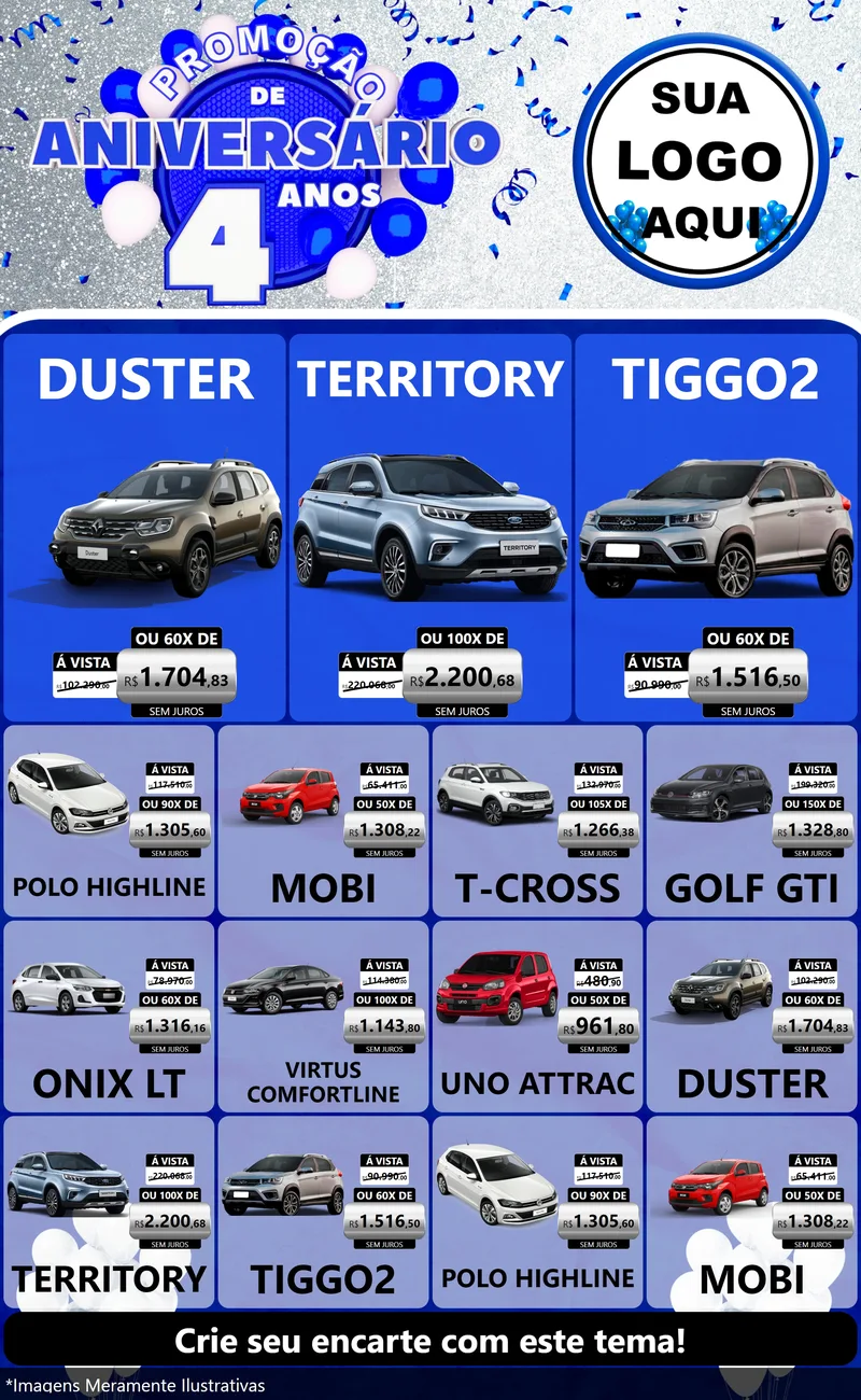Modelo de Encarte para Encarte Grande com o tema Promoção de Aniversário - 4 Anos para Concessionaria de Carros