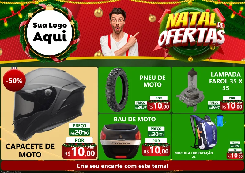 Modelo de Encarte para Encarte A4 Horizontal com o tema Natal de Ofertas para Moto peças