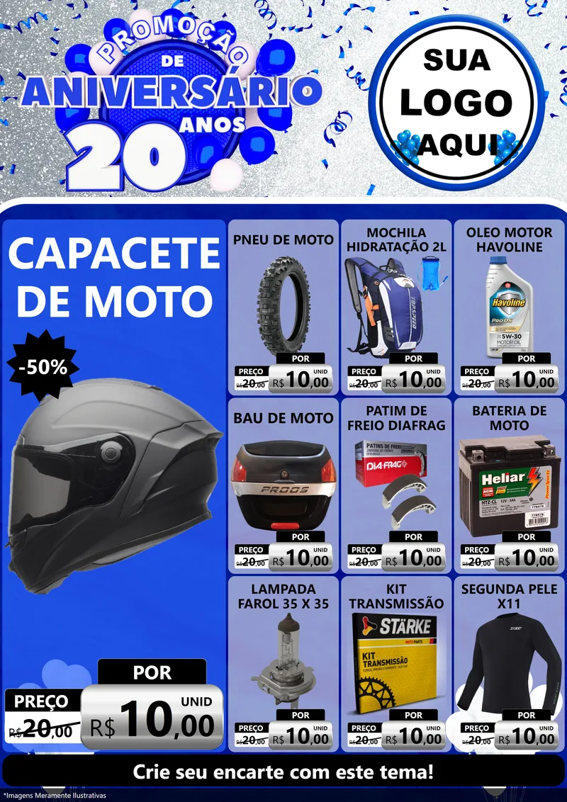 Modelo de Encarte para Encarte A4 Vertical com o tema Promoção de Aniversário - 20 Anos para Moto peças