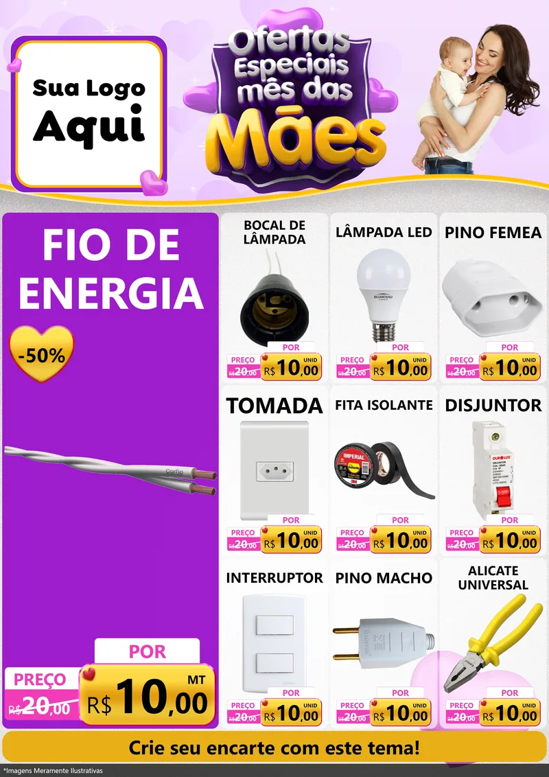 Modelo de Encarte para Encarte A4 Vertical com o tema Ofertas Especiais - Mês das Mães para Materiais Elétricos