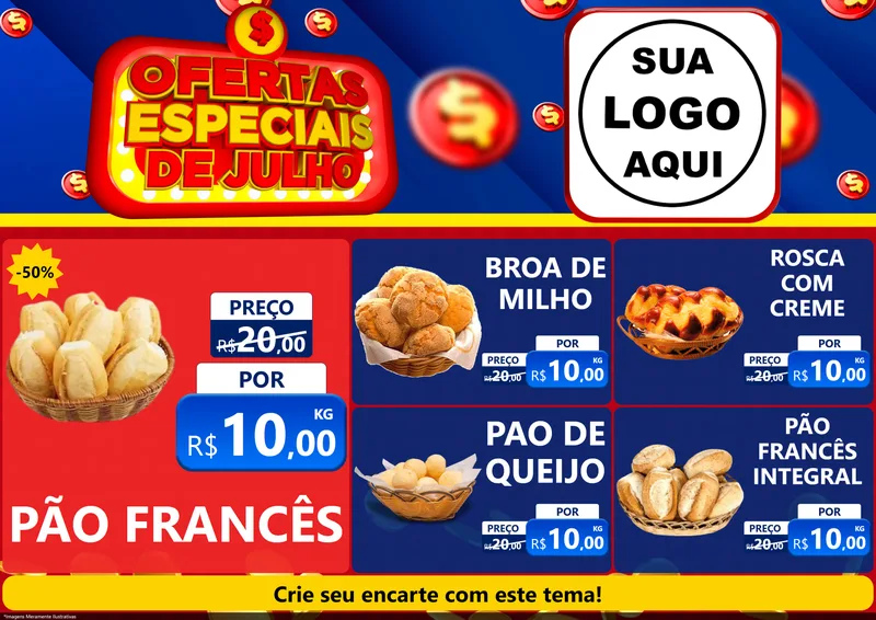 Modelo de Encarte para Encarte A4 Horizontal com o tema Ofertas Especiais de Julho para Padaria