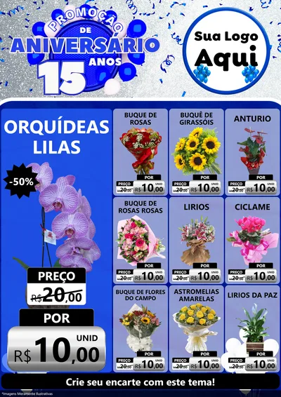 Modelo de Encarte para Encarte A4 Vertical com o tema Promoção de Aniversário - 15 Anos para Floricultura e jardim
