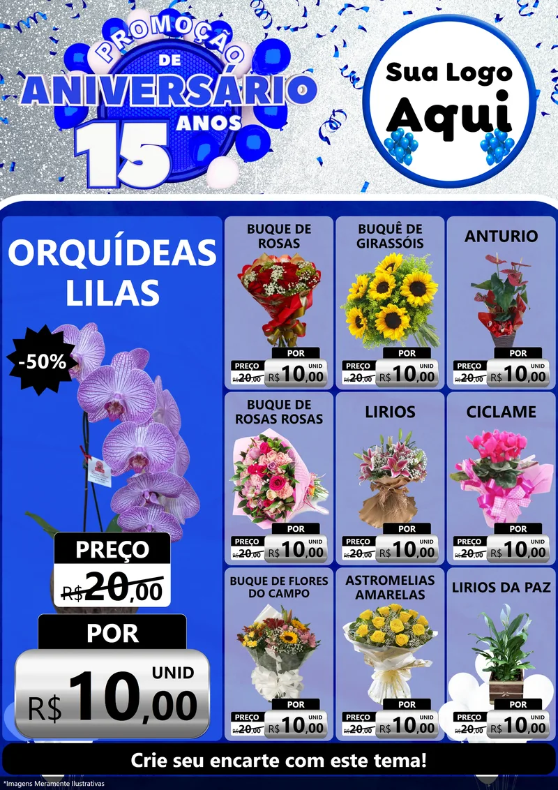 Modelo de Encarte para Encarte A4 Vertical com o tema Promoção de Aniversário - 15 Anos para Floricultura e jardim