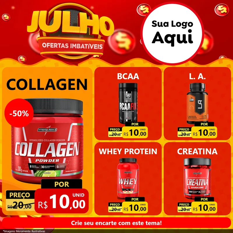 Modelo de Rede Social para Feed Facebook com o tema Julho Ofertas Imbatíveis para Suplementos alimentares