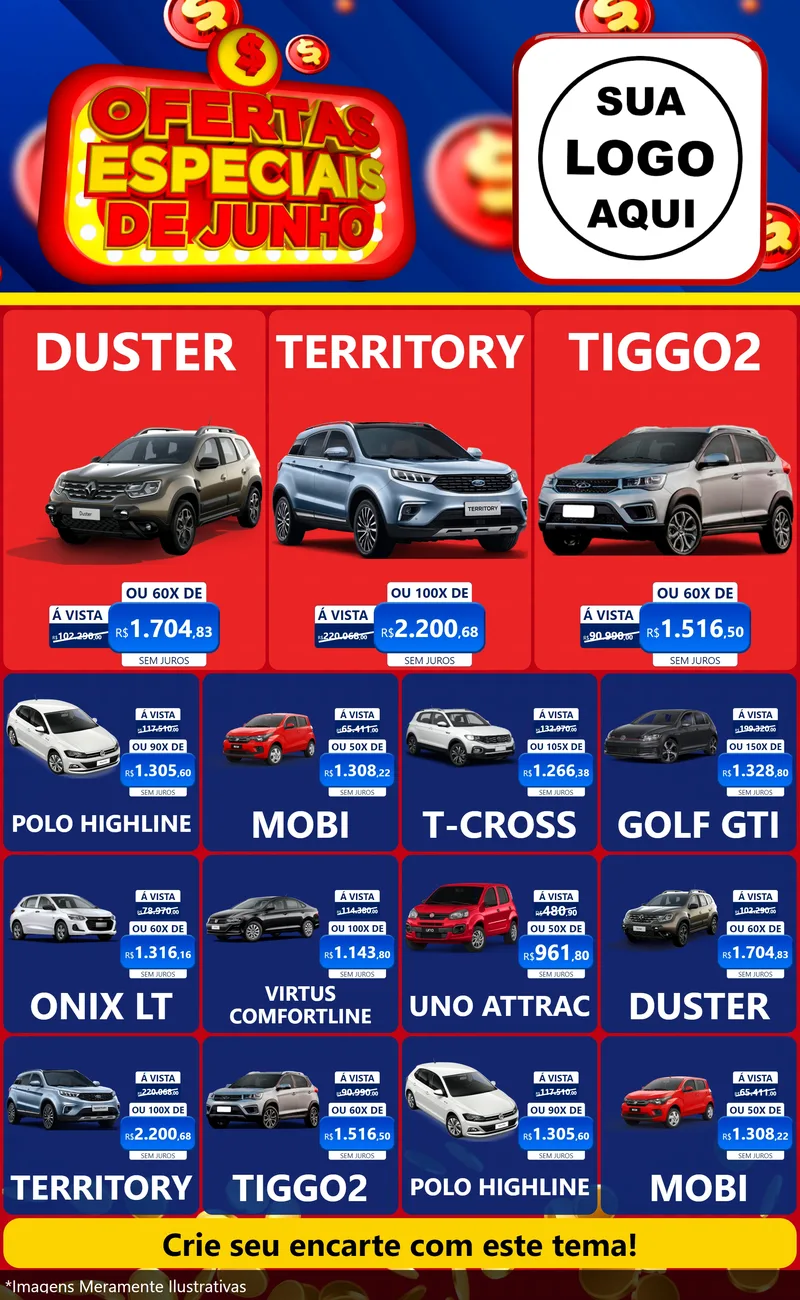 Modelo de Encarte para Encarte Grande com o tema Ofertas Especiais de Junho para Concessionaria de Carros