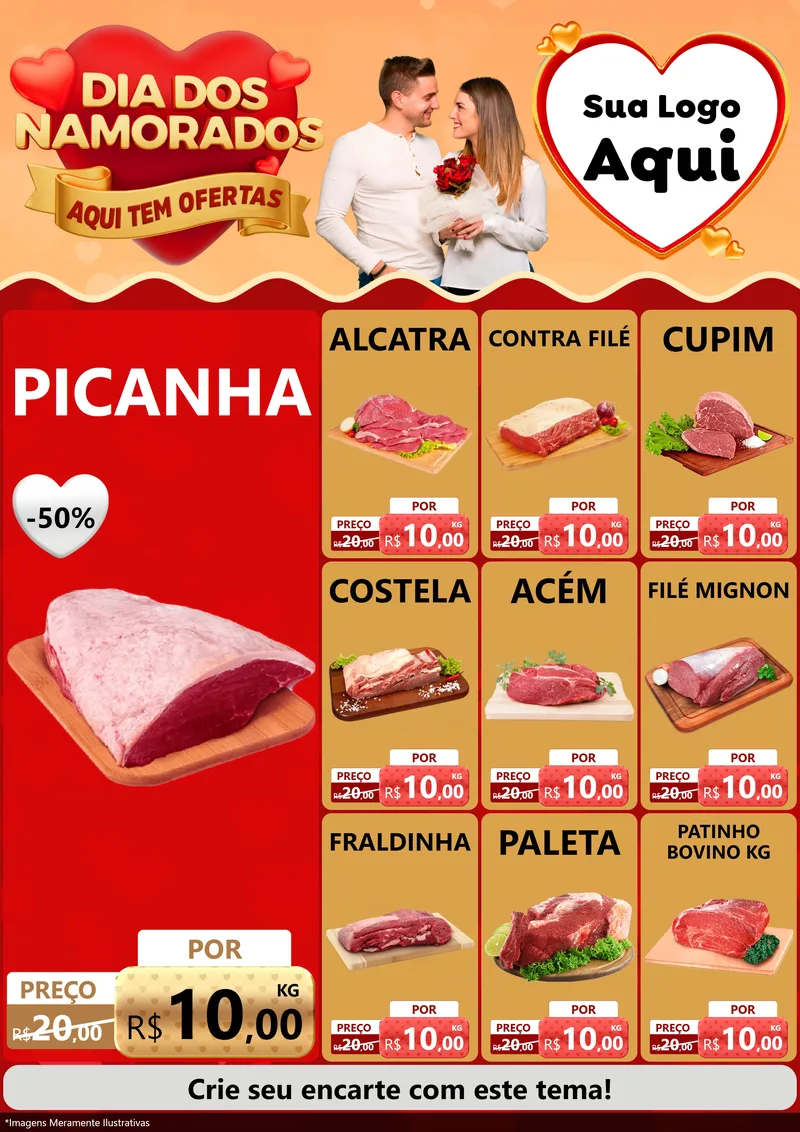 Modelo de Encarte para Encarte A4 Vertical com o tema Dia dos Namorados - Aqui Tem Ofertas para Açougue
