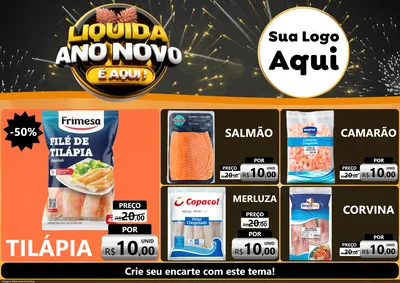 Modelo de Encarte para Encarte A4 Horizontal com o tema Liquida Ano Novo É Aqui! para Peixaria