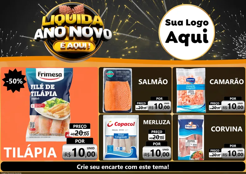 Modelo de Encarte para Encarte A4 Horizontal com o tema Liquida Ano Novo É Aqui! para Peixaria