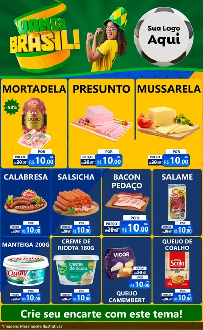 Modelo de Encarte para Encarte Grande com o tema Vamos Brasil - Copa para Frios e Laticínios