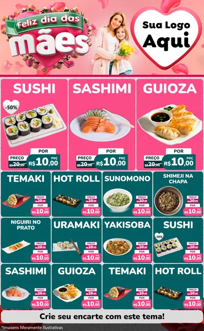 Modelo de Encarte para Encarte Grande com o tema Feliz Dia das Mães para Comida japonesa