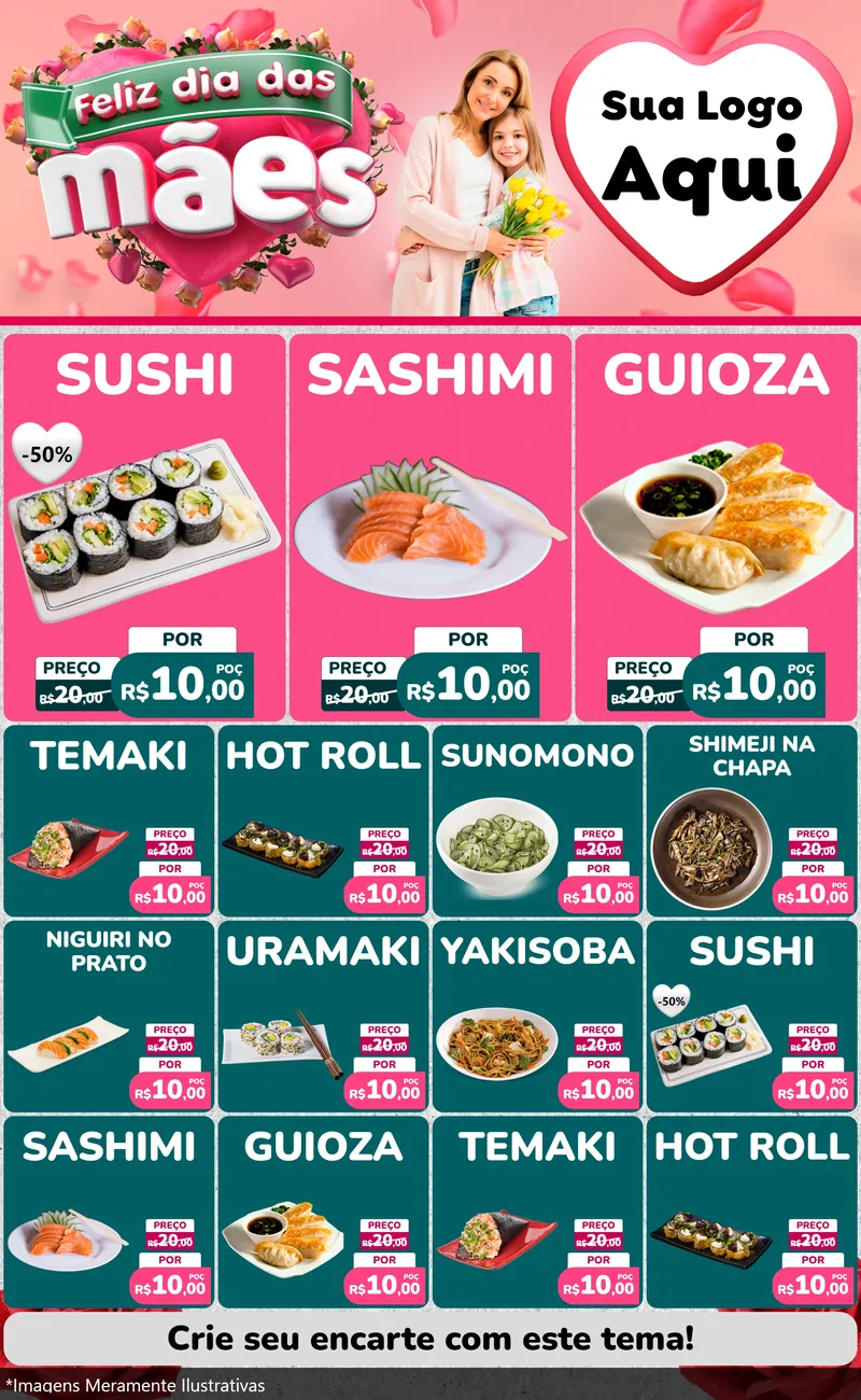Modelo de Encarte para Encarte Grande com o tema Feliz Dia das Mães para Comida japonesa