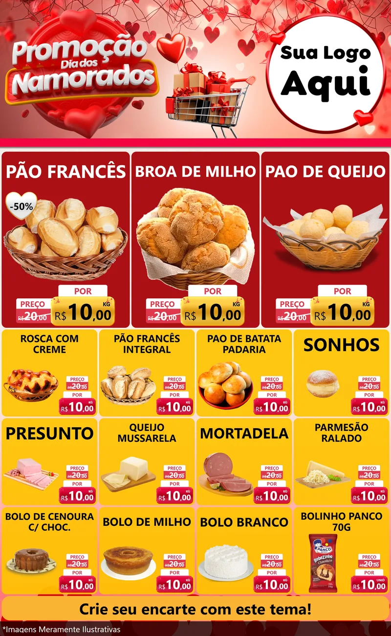 Modelo de Encarte para Encarte Grande com o tema Promoção Dia dos Namorados para Padaria