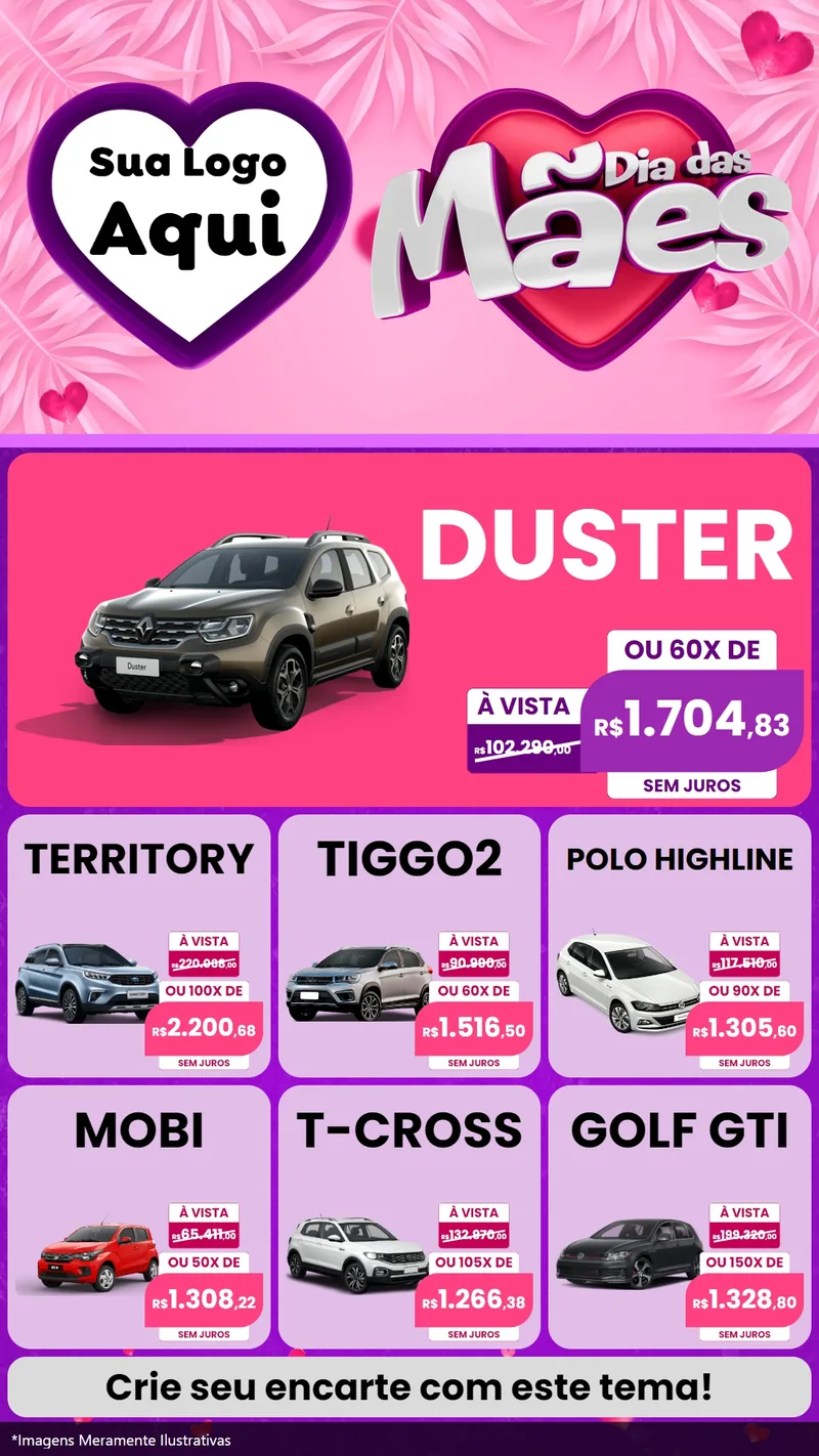 Modelo de Rede Social para Stories com o tema Dia das Mães para Concessionaria de Carros