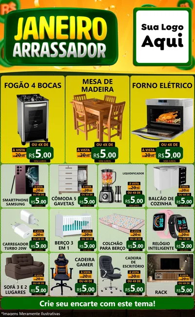 Modelo de Encarte para Encarte Grande com o tema Janeiro Arrasador para Móveis e Eletro