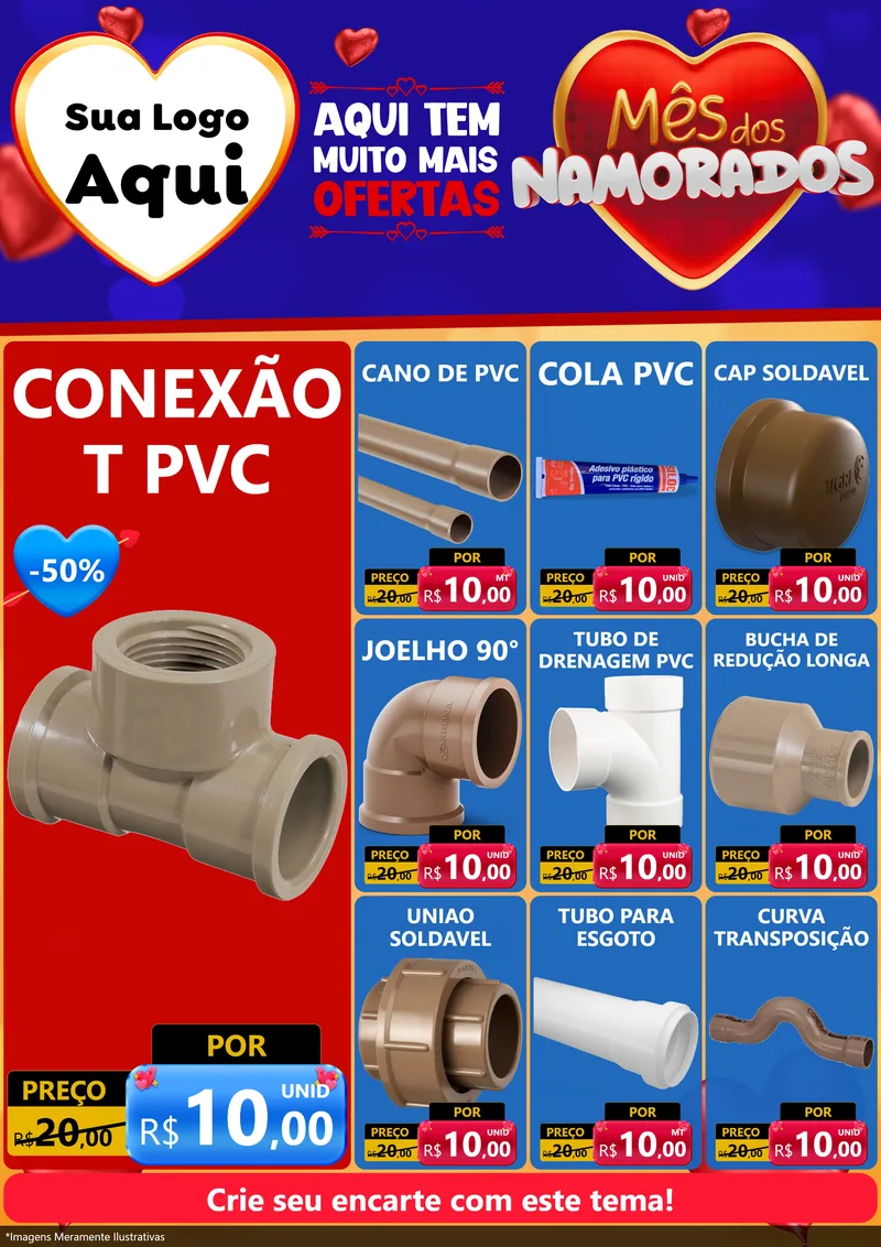 Modelo de Encarte para Encarte A4 Vertical com o tema Mês dos Namorados para Tubos e conexões