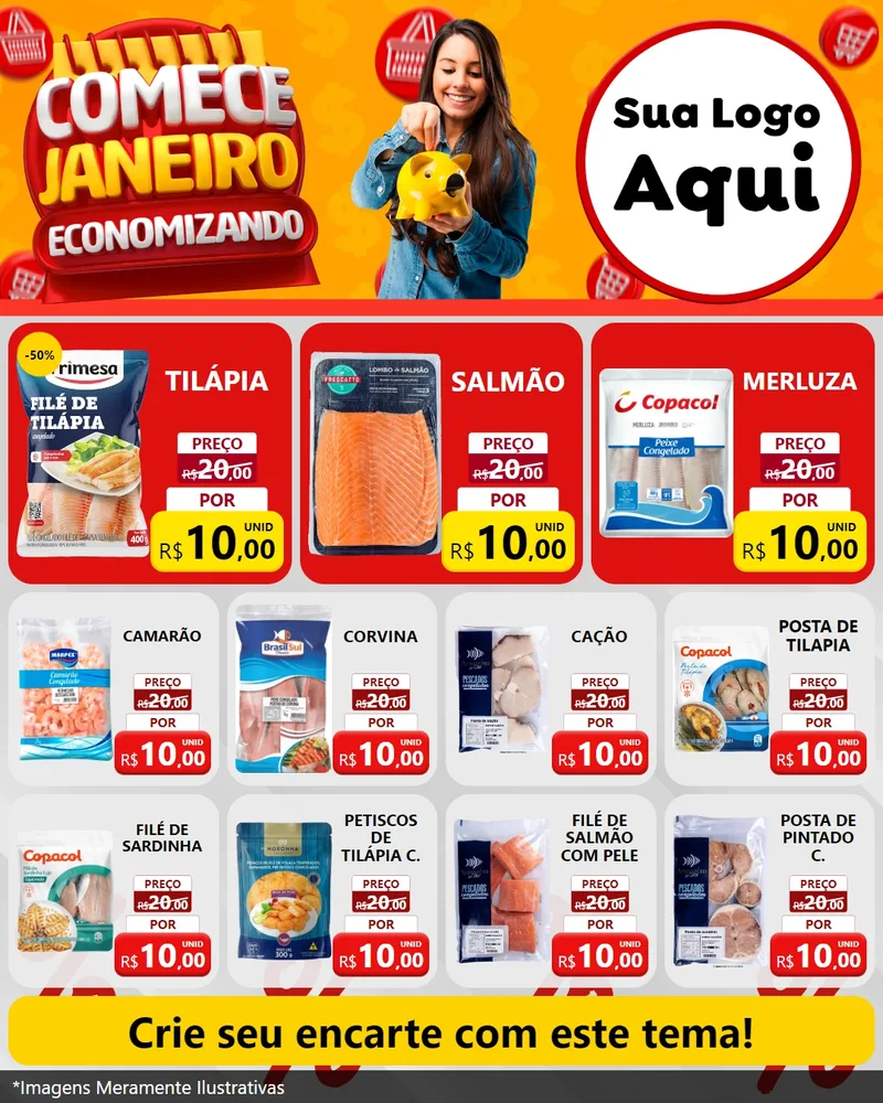 Modelo de Rede Social para Feed Instagram com o tema Comece Janeiro Economizando para Peixaria